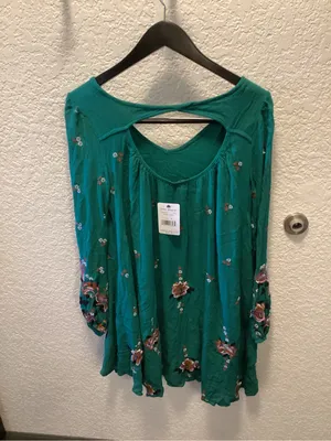 Free People Teal Green Embroidered Floral mini dress thumbnail 2