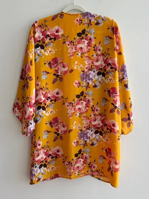 ADORA Golden Yellow Floral Bolero/Kimono Jacket/Cardigan, Size Small thumbnail 10