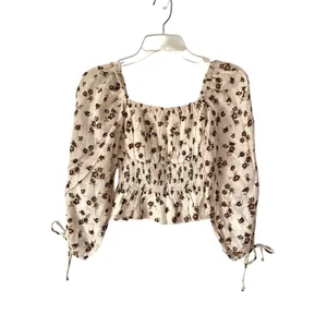 Faithfull The Brand NWTs Smocked Floral Crop Top Cream Chocolate Brown size 4 thumbnail 3