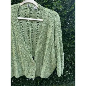 BKE‎ Sage Green Chunky Knit Button Front Cardigan Sweater Med Slouchy Pointelle thumbnail 3