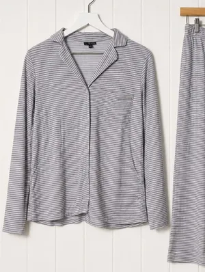 Tahari Womens M Pajama Set Gray White Stripe Button Front Top Pants 2 Piece thumbnail 1
