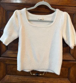Happily Grey Ivory Fuzzy Puff Sleeve Sweater Top Size Medium thumbnail 1