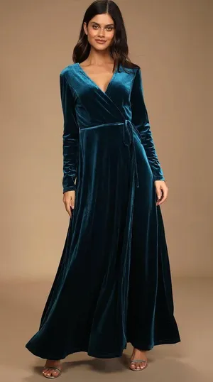 Jacinda Teal Blue Velvet Wrap Maxi Dress thumbnail 1
