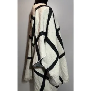 LOFT Poncho Cape Knit Sweater Ivory/Black Windowpane Check Acrylic Size M/L thumbnail 2
