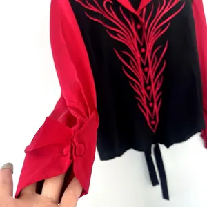 Vintage Bob Mackie 100% Silk Blouse Black Red Western Embroidered Flames 90s L thumbnail 5