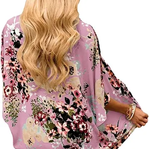 Women's Batwing Floral Chiffon Kimono Beachwear Cover Up Pink L thumbnail 5