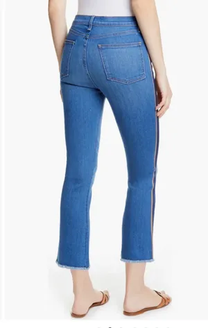 NWOT Veronica Beard Carolyn 10" baby boot high-rise jeans blue & gold tuxedo stripes size 28 thumbnail 2