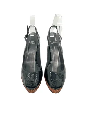 Stuart Weitzman Patent Leather Slingback Peep-Toe Woven Rattan Heel Size 7.5 thumbnail 2