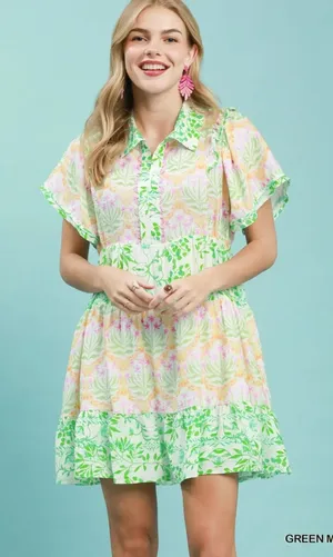 Umgee Mixed Floral Tiered Mini Dress with‎ Flutter Sleeves - Green Mix - Small thumbnail 1