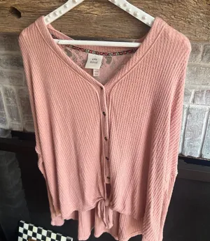 Knox Rose XXL Waffle‎ Knit Button Front Tie V-neck Top T-short Boho thumbnail 1
