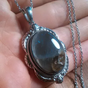 Madagascar Fire Labradorite Feather Stainless Steel Pendant Necklace thumbnail 10
