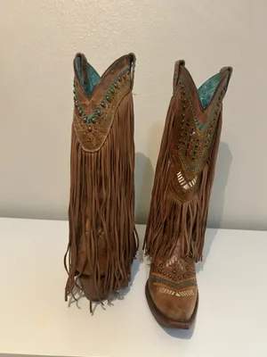 Corral Ladies 7.5 Brown & Multicolor Crystal Fringe Snip Toe Boots C2910 thumbnail 2