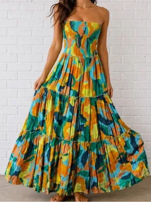 Anthropologie Abel The Label Boho Tropical Smock Strapless Maxi Dress Small thumbnail 1