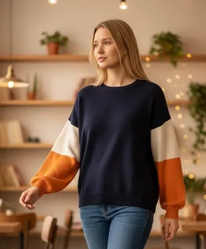 VICI Colorblock Knit Sweater Navy Rust Cream Casual‎ Chic sz L thumbnail 1