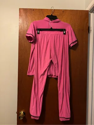 Women's Pink Short-Sleeve Button Pajama Set with Pocket Embroidery thumbnail 2