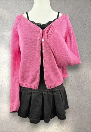 VTG Pierre Cardin Knit Cardigan Women's XL Pink Crop Linen Coquette Preppy Y2K thumbnail 1