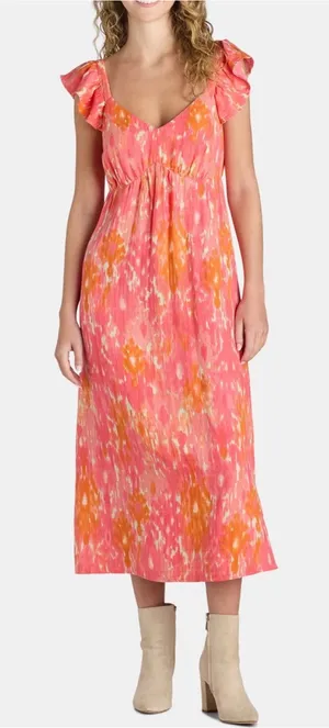 Time and Tru Flutter Sleeve Midi Dress Pink Orange Tie Dye Size M Pockets thumbnail 1