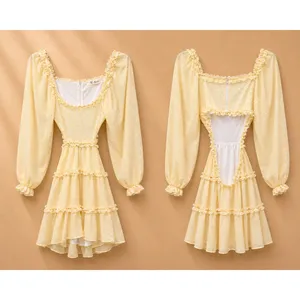 Ryan Bunches Womens Dress S Yellow Floral Open Back Ruffle Tiered MD2476 thumbnail 3