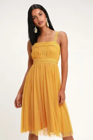 Lulus NWT Forever Love Golden Yellow Swiss Dot Sleeveless Dress - L thumbnail 1