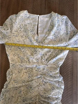 MABLE Ruffle Ivory / Blue Floral Puff Sleeve Rouched Mini Dress Women’s Small thumbnail 9