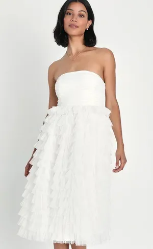 Lulus Prepare to Party White Mesh Swiss Dot Ruched Tiered Midi Dress thumbnail 1