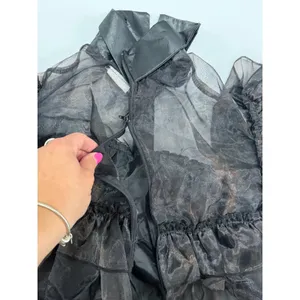 Wednesday Addams Gothic Tiered Maxi Dress Black Sheer Organza Ruffle Gown broken thumbnail 10