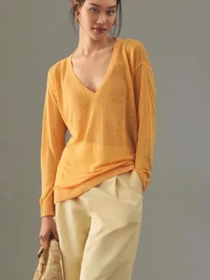 Maeve by Anthropologie Orange Oversized Linen V-Neck Sweater - Size - Medium thumbnail 2