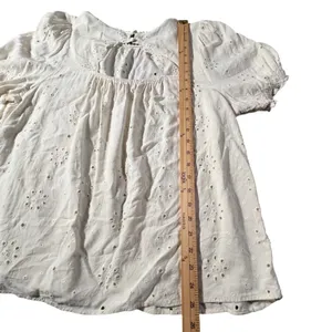 Torrid Eyelet Blouse Womens 1 White Smocked Puff‎ Sleeve Boho Pom Pom Trim Top thumbnail 7