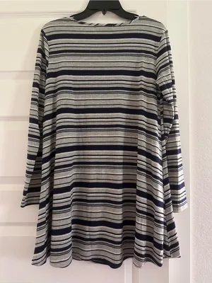 love, Fire Striped Long-Sleeve Swing Dress - Navy and Gray thumbnail 2