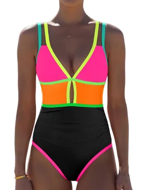 NWT Popvil Neon Color Block One Piece Swimsuit Tummy Control Cutout Large thumbnail 1