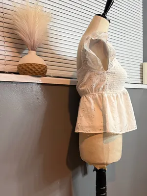 White Eyelet Smocked Peplum Blouse with Flutter Sleeves thumbnail 4