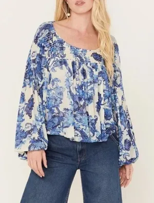 Free People Up For Anything White Blue Floral Smocked Long Sleeve Blouse thumbnail 1