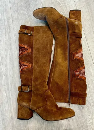Brown Suede Knee-High Boots with Embroidered Pattern by Gianni Bini thumbnail 1
