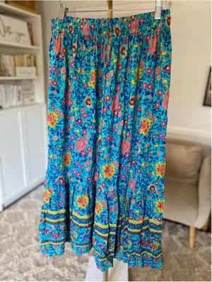 HOTOUCH XL Turquoise Floral Maxi Skirt Tiered Ruffle Slit Cottagecore Boho Flowy thumbnail 3