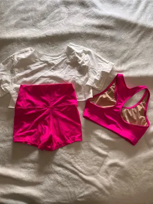 WEISSMAN Hot Pink 3 Piece Britney Set Dance Costume Work Out Adult Sz S EUC thumbnail 2