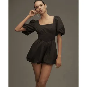 Anthropologie Maeve Puff Sleeve Smocked Romper XS Black Square-Neck Bubble Hem thumbnail 3