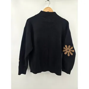 Sioni Cardigan Sweater Womens Large Daisy Floral Full Zip Mock Neck Black EUC thumbnail 4
