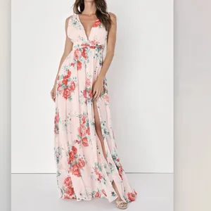 NWT Lulus Peach Pink Garden Meandering Blush Floral Chiffon Maxi Dress MEDIUM‎ thumbnail 3
