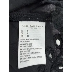 American Eagle Black Eyelet Embroidered Tie Back Crop Top Small Square Neck Puff thumbnail 8
