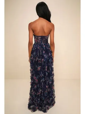 NWT Lulus Stunning Element Navy Floral Mesh Ruffled Strapless Maxi Dress - Small thumbnail 8