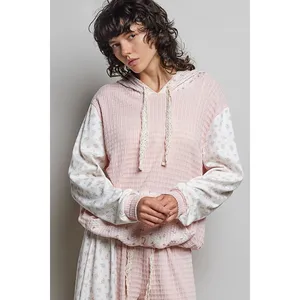 POL Mixed Knit Contrast Print Sleeve Hoodie with Kangaroo Pocket - Pink - Small thumbnail 4