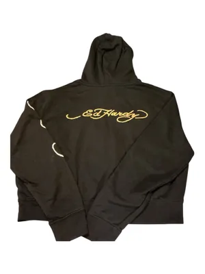 Vintage Ed Hardy Cropped Pullover Hoodie Black XL Dagger Heart Tattoo Y2K thumbnail 2