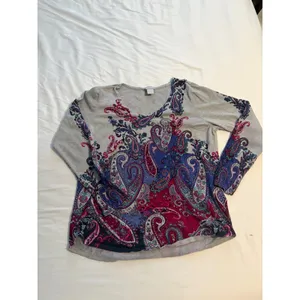 Chico's Sweater Paisley Boho Gray Blue Pink V-Neck‎ Lightweight Knit Size 1 M thumbnail 4