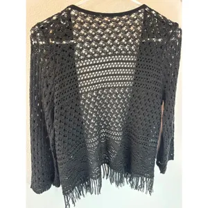 Black‎ Crochet Fringe Cardigan Open Knit Boho Festival Wrap Sweater thumbnail 4