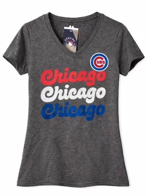 Genuine Merchandise Chicago Cubs V-Neck Tee - Gray with Red White Blue Script thumbnail 1