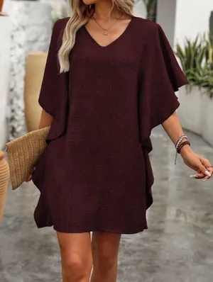 Burgundy Batwing Sleeve V-Neck Short Knit Dress thumbnail 1