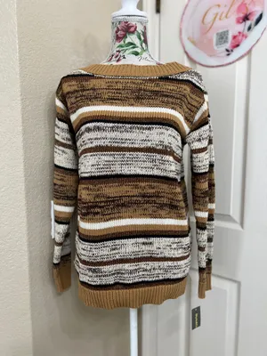 Style & Co. Striped Crewneck Sweater in Mustard, Brown & Cream size XS thumbnail 2