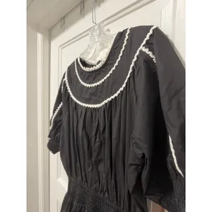 VICI Black Cotton Smocked Waist Crochet Trim Tiered Midi Dress XL RN131468 thumbnail 7