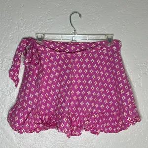 Aerie Women's Lip Gloss Pink Ikat Print Ruffle Wrap Mini Skirt‎ Linen Size Large thumbnail 3