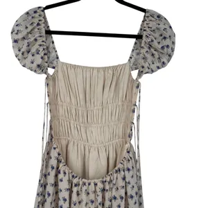 MABLE Analise Floral Smocked Open Back Lace Up‎ Maxi Dress Cream Blue Size Small thumbnail 9